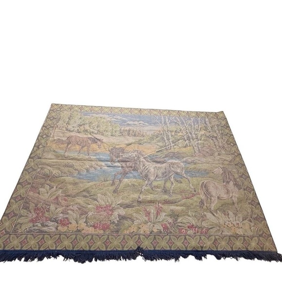 Vintage Wild Horses Wall Hanging Tapestry Rug 1970s 70x 49 Landscape - Picture 3 of 10